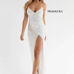 Primavera Couture 3791 Prom Dress V Neckline Sequins Lace Up Tie Back Side Slit