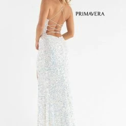 In Stock Backless Dresses Primavera Couture 3791 Prom Dress Size 10 Perriwinkle V Neckline Sequins Lace Up Tie Back Side Slit