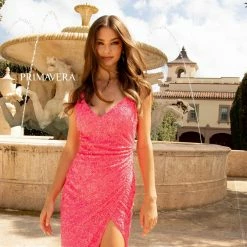 In Stock Backless Dresses Primavera Couture 3791 Prom Dress Size 10 Perriwinkle V Neckline Sequins Lace Up Tie Back Side Slit