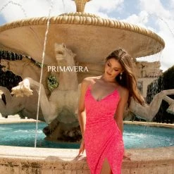 In Stock Backless Dresses Primavera Couture 3791 Prom Dress Size 10 Perriwinkle V Neckline Sequins Lace Up Tie Back Side Slit