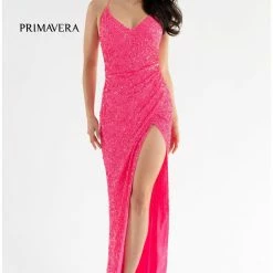 In Stock Primavera Couture 3791 Size 2, 8 Emerald Prom Dress V Neckline Sequins Lace Up Tie Back Side Slit Backless Dresses