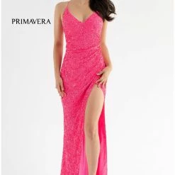 In Stock Primavera Couture 3791 Size 4 Fuchsia Prom Dress V Neckline Sequins Lace Up Tie Back Side Slit