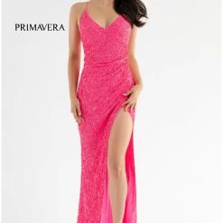 Primavera Couture 3791 Prom Dress V Neckline Sequins Lace Up Tie Back Side Slit