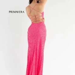 In Stock Primavera Couture 3791 Size 6 Neon Pink Prom Dress V Neckline Sequins Lace Up Tie Back Side Slit Backless Dresses