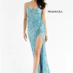 In Stock Primavera Couture 3791 Size 0, 4 Turquoise Prom Dress V Neckline Sequins Lace Up Tie Back Side Slit Backless Dresses