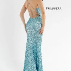 In Stock Backless Dresses Primavera Couture 3791 Prom Dress Size 10 Perriwinkle V Neckline Sequins Lace Up Tie Back Side Slit