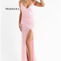 In Stock Primavera Couture 3791 Size 4 Fuchsia Prom Dress V Neckline Sequins Lace Up Tie Back Side Slit