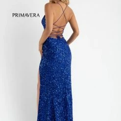 In Stock Primavera Couture 3791 Size 0, 4 Turquoise Prom Dress V Neckline Sequins Lace Up Tie Back Side Slit Backless Dresses