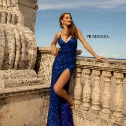 Primavera Couture 3791 Prom Dress V Neckline Sequins Lace Up Tie Back Side Slit