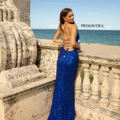 Primavera Couture 3791 Prom Dress V Neckline Sequins Lace Up Tie Back Side Slit
