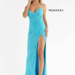Primavera Couture 3791 Prom Dress V Neckline Sequins Lace Up Tie Back Side Slit