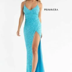 In Stock Backless Dresses Primavera Couture 3791 Prom Dress Size 10 Perriwinkle V Neckline Sequins Lace Up Tie Back Side Slit