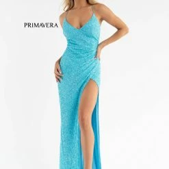 Primavera Couture 3791 Prom Dress V Neckline Sequins Lace Up Tie Back Side Slit