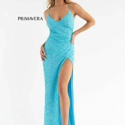 In Stock Primavera Couture 3791 Size 14 Purple Prom Dress V Neckline Sequins Lace Up Tie Back Side Slit Backless Dresses