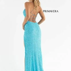 In Stock Primavera Couture 3791 Size 14 Purple Prom Dress V Neckline Sequins Lace Up Tie Back Side Slit Backless Dresses