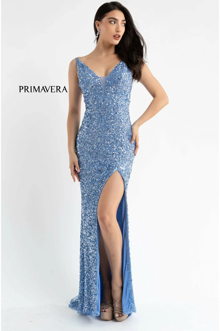 Primavera Couture 3792 Sequin Prom Dress V Neckline Strappy Open Back Side Slit Train 32 Primavera Couture 3792 Sequin Prom Dress V Neckline Strappy Open Back Side Slit Train