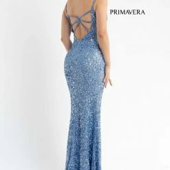 Primavera Couture 3792 Sequin Prom Dress V Neckline Strappy Open Back Side Slit Train 66 Primavera Couture 3792 Sequin Prom Dress V Neckline Strappy Open Back Side Slit Train