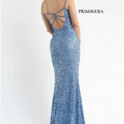 In Stock Backless Dresses Primavera Couture 3792 Size 0, 12 Turquoise Sequin Prom Dress V Neckline Strappy Open Back Side Slit Train