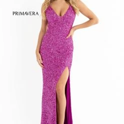 In Stock Backless Dresses Primavera Couture 3792 Size 0, 12 Turquoise Sequin Prom Dress V Neckline Strappy Open Back Side Slit Train