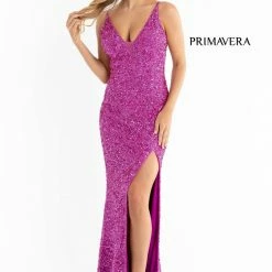 In Stock Backless Dresses Primavera Couture 3792 Size 0, 12 Turquoise Sequin Prom Dress V Neckline Strappy Open Back Side Slit Train