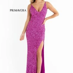 In Stock Backless Dresses Primavera Couture 3792 Size 8 Bright Blue Sequin Prom Dress V Neckline Strappy Open Back Side Slit Train