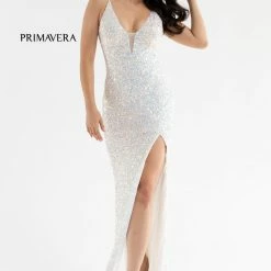 Primavera Couture 3792 Sequin Prom Dress V Neckline Strappy Open Back Side Slit Train 86 Primavera Couture 3792 Sequin Prom Dress V Neckline Strappy Open Back Side Slit Train