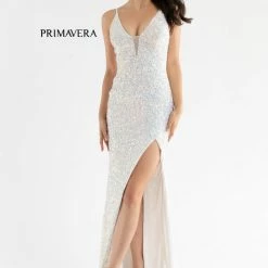 In Stock Backless Dresses Primavera Couture 3792 Size 8 Bright Blue Sequin Prom Dress V Neckline Strappy Open Back Side Slit Train