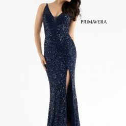In Stock Backless Dresses Primavera Couture 3792 Size 0, 12 Turquoise Sequin Prom Dress V Neckline Strappy Open Back Side Slit Train