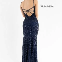 In Stock Backless Dresses Primavera Couture 3792 Size 8 Bright Blue Sequin Prom Dress V Neckline Strappy Open Back Side Slit Train