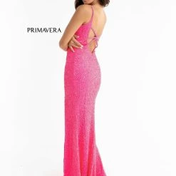 In Stock Backless Dresses Primavera Couture 3792 Size 0, 12 Turquoise Sequin Prom Dress V Neckline Strappy Open Back Side Slit Train