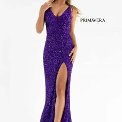 In Stock Backless Dresses Primavera Couture 3792 Size 0, 12 Turquoise Sequin Prom Dress V Neckline Strappy Open Back Side Slit Train