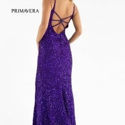 In Stock Backless Dresses Primavera Couture 3792 Size 0, 12 Turquoise Sequin Prom Dress V Neckline Strappy Open Back Side Slit Train