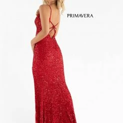 In Stock Backless Dresses Primavera Couture 3792 Size 8 Bright Blue Sequin Prom Dress V Neckline Strappy Open Back Side Slit Train