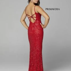 In Stock Backless Dresses Primavera Couture 3792 Size 0, 12 Turquoise Sequin Prom Dress V Neckline Strappy Open Back Side Slit Train