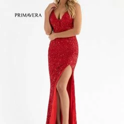 In Stock Backless Dresses Primavera Couture 3792 Size 0, 12 Turquoise Sequin Prom Dress V Neckline Strappy Open Back Side Slit Train