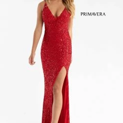 In Stock Backless Dresses Primavera Couture 3792 Size 8 Bright Blue Sequin Prom Dress V Neckline Strappy Open Back Side Slit Train