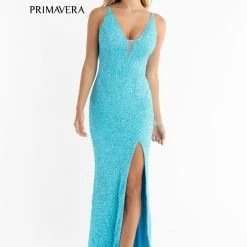 In Stock Backless Dresses Primavera Couture 3792 Size 8 Bright Blue Sequin Prom Dress V Neckline Strappy Open Back Side Slit Train