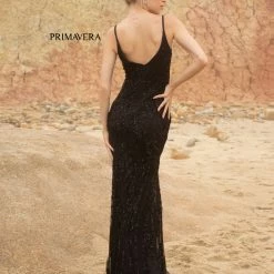 Primavera Couture 3793 Sequined Prom Dress Long V Neckline Fitted Sweeping Train