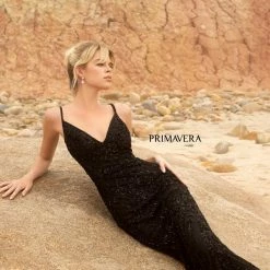 Primavera Couture 3793 Sequined Prom Dress Long V Neckline Fitted Sweeping Train