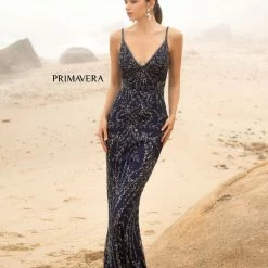 In Stock Backless Dresses Primavera Couture 3793 Size 4, 14, 16 Sequined Prom Dress Long V Neckline Fitted Sweeping Train