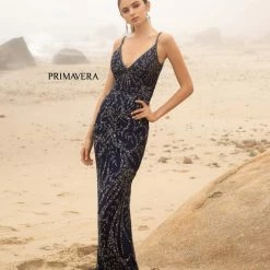 In Stock Backless Dresses Primavera Couture 3793 Size 4, 14, 16 Sequined Prom Dress Long V Neckline Fitted Sweeping Train