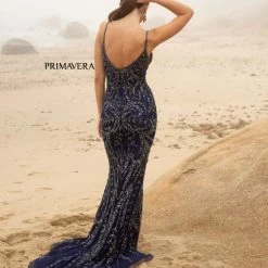 In Stock Backless Dresses Primavera Couture 3793 Size 4, 14, 16 Sequined Prom Dress Long V Neckline Fitted Sweeping Train