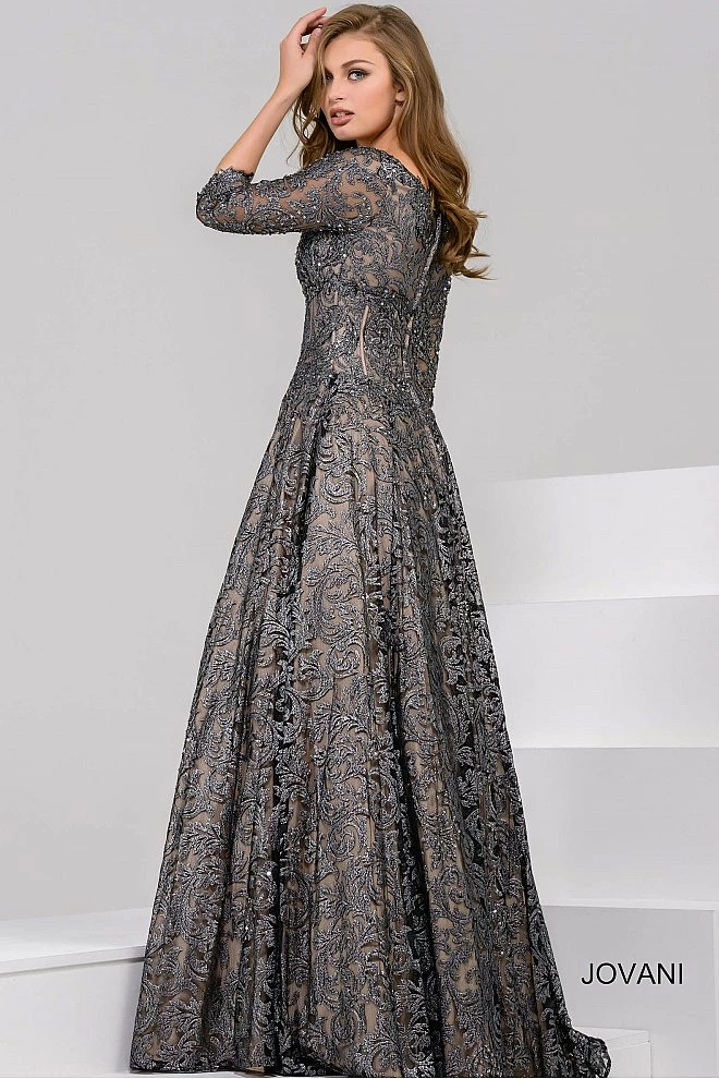 Jovani Grey Off The Shoulder Lace A-Line Evening Dress 37938 4 Jovani Grey Off The Shoulder Lace A-Line Evening Dress 37938