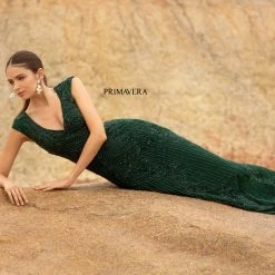 Primavera Couture 3794 Sequined Evening Gown Cap Sleeves Prom Dress Mid Back