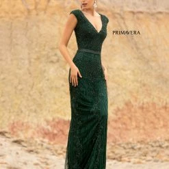 Primavera Couture 3794 Sequined Evening Gown Cap Sleeves Prom Dress Mid Back