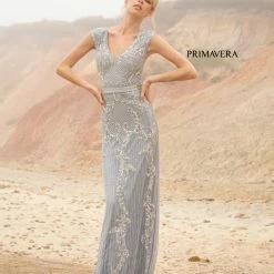 Primavera Couture 3794 Sequined Evening Gown Cap Sleeves Prom Dress Mid Back