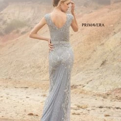 Primavera Couture 3794 Sequined Evening Gown Cap Sleeves Prom Dress Mid Back