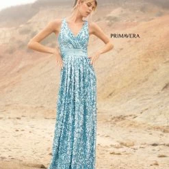 Primavera Couture 3795 Sequined Evening Gown V Neckline V Back Prom Dress A Line Sequin Dresses