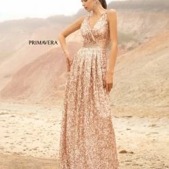 Primavera Couture 3795 Sequined Evening Gown V Neckline V Back Prom Dress A Line Sequin Dresses