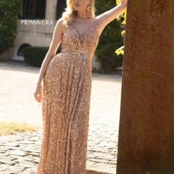 Primavera Couture 3795 Sequined Evening Gown V Neckline V Back Prom Dress A Line Sequin Dresses